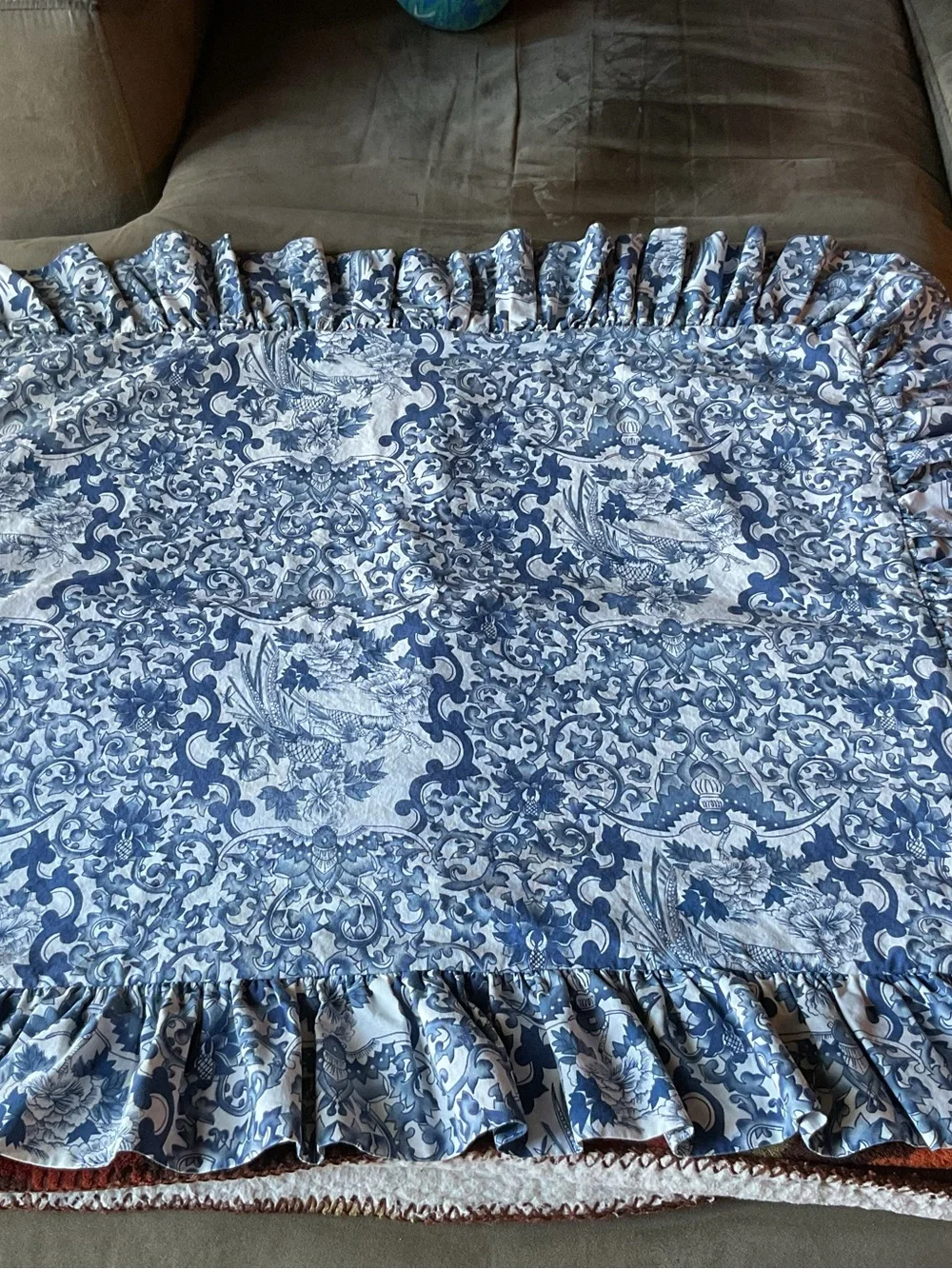 VTG Ralph Lauren Porcelain Blue Bird Tamarind Ruffled Std Pillow Sham- USA Made